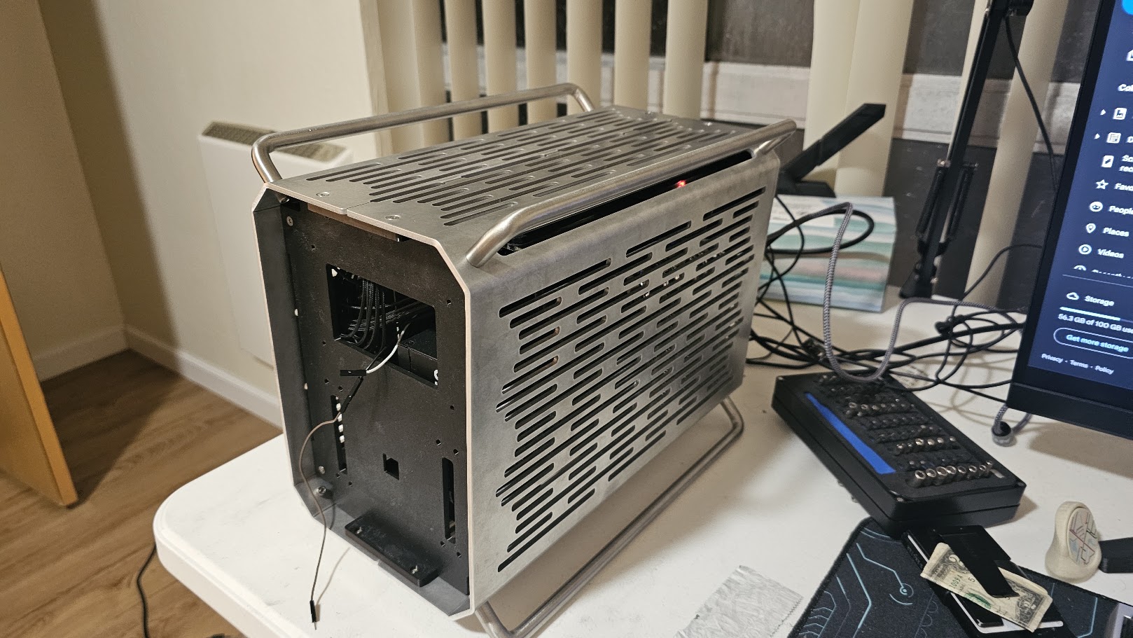 Completed custom ITX PC case with its exterior shell closed